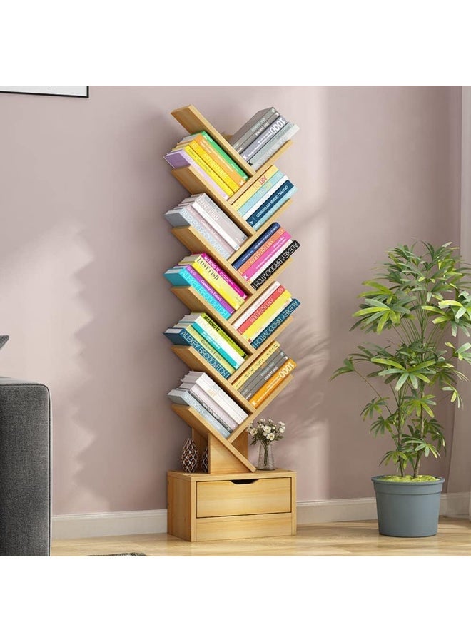 We mart 10 Tier Tree Bookshelf, 10 Shelf Bookcase with Drawer, Modern Book Storage, Free Standing Tree Bookcase, Utility Organizer Shelves for Home Office, Living Room, Bedroom, Rustic Brown - Image 1